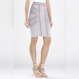 BCBGMAXAZRIA, White Pencil Skirt with Coral and Navy Geometric Print